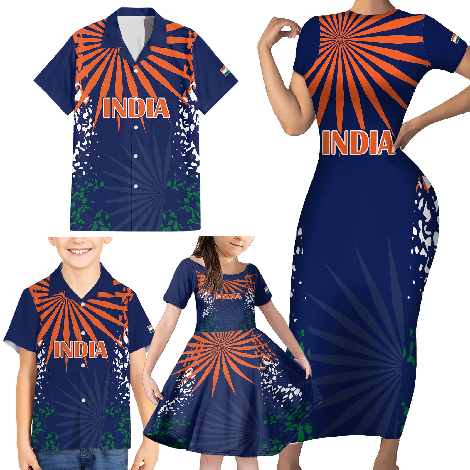 custom-india-cricket-2023-family-matching-short-sleeve-bodycon-dress-and-hawaiian-shirt-bharat-simple-flag-style