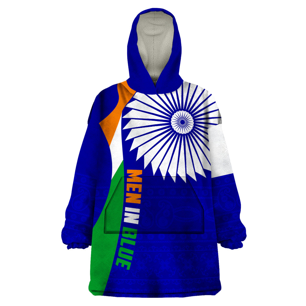 India Cricket Wearable Blanket Hoodie Men in Blue World Cup 2023 Bharat Flag Style - Vibe Hoodie Shop