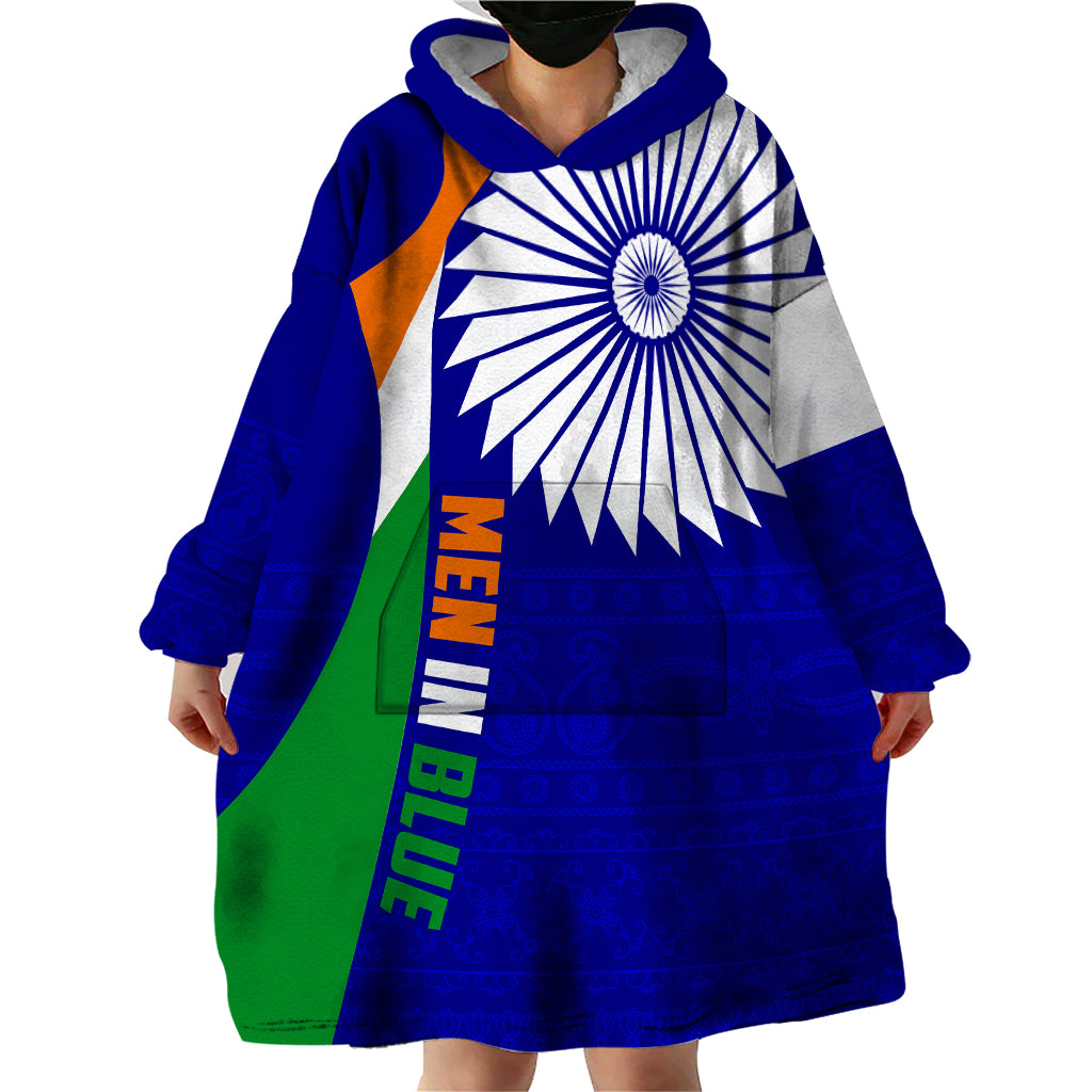 India Cricket Wearable Blanket Hoodie Men in Blue World Cup 2023 Bharat Flag Style - Vibe Hoodie Shop