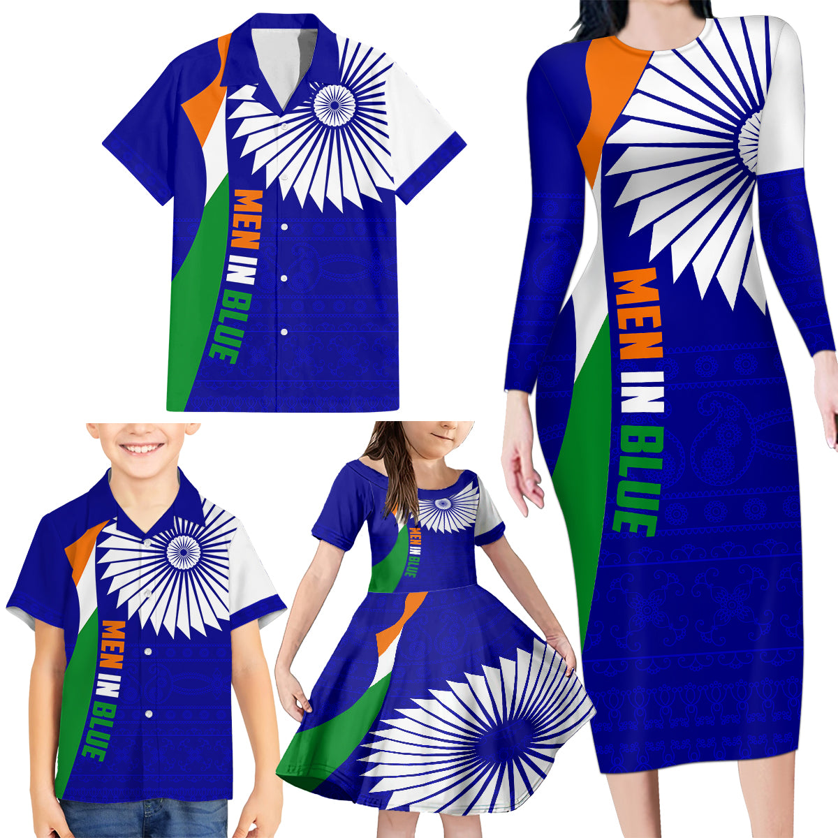 custom-india-cricket-family-matching-long-sleeve-bodycon-dress-and-hawaiian-shirt-men-in-blue-world-cup-2023-bharat-flag-style