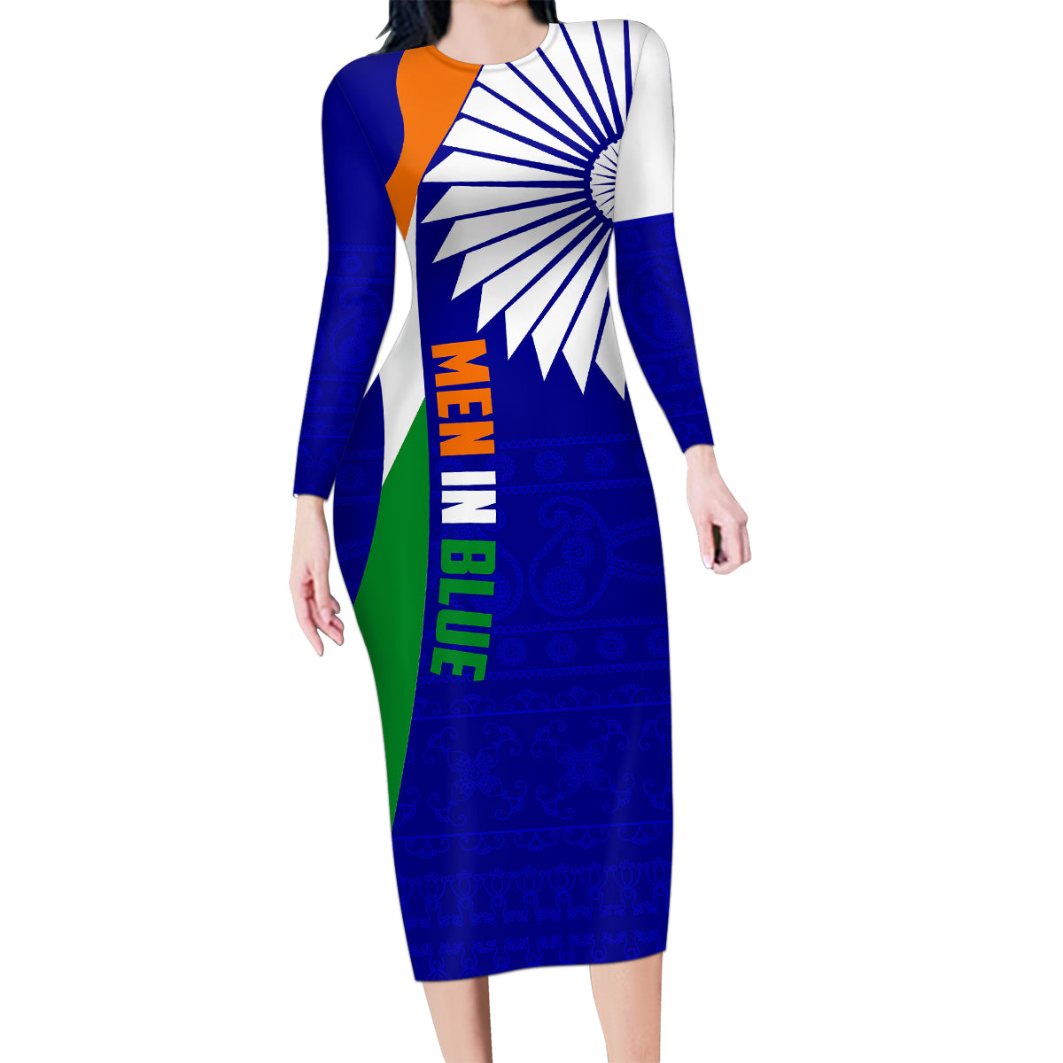 custom-india-cricket-family-matching-long-sleeve-bodycon-dress-and-hawaiian-shirt-men-in-blue-world-cup-2023-bharat-flag-style