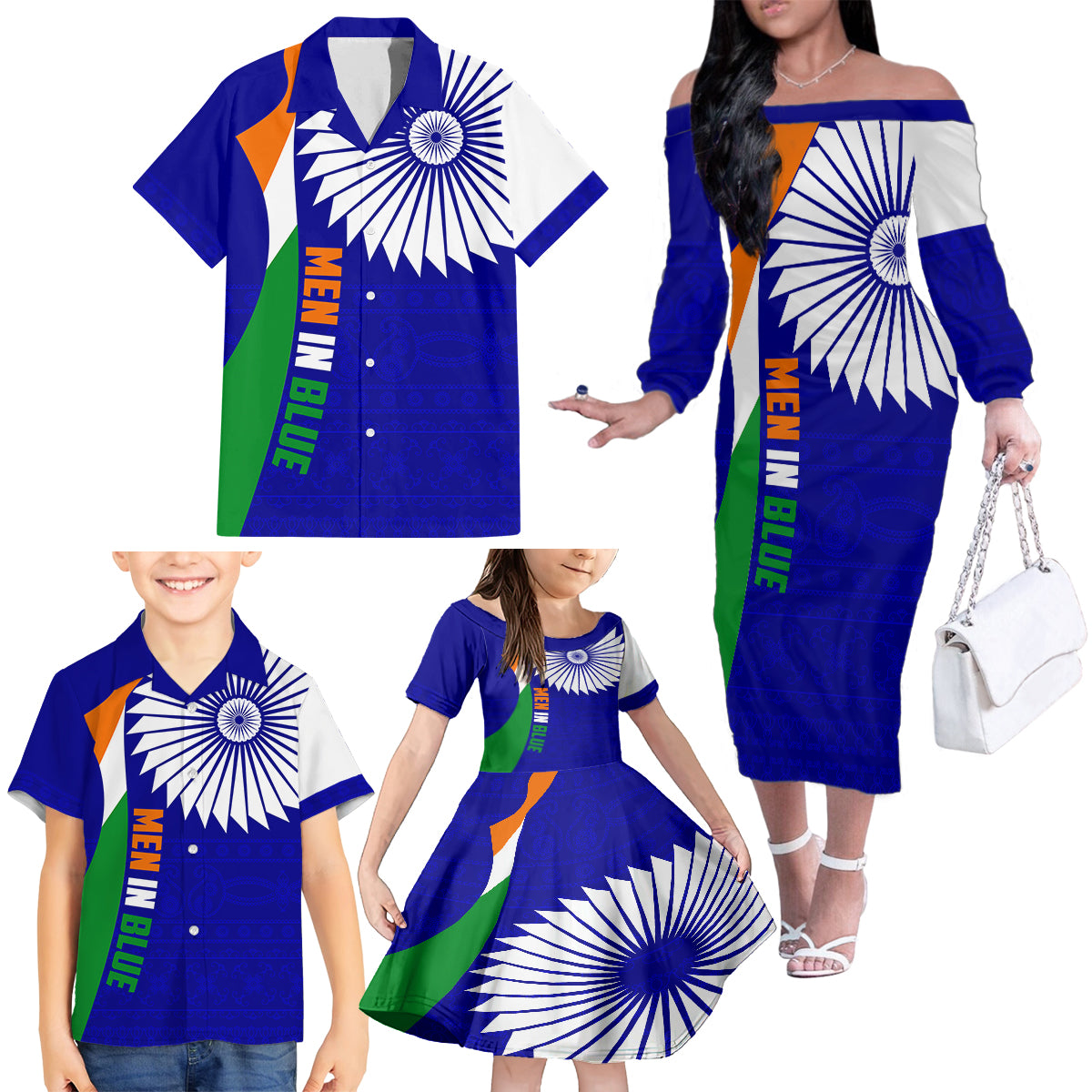 custom-india-cricket-family-matching-off-shoulder-long-sleeve-dress-and-hawaiian-shirt-men-in-blue-world-cup-2023-bharat-flag-style