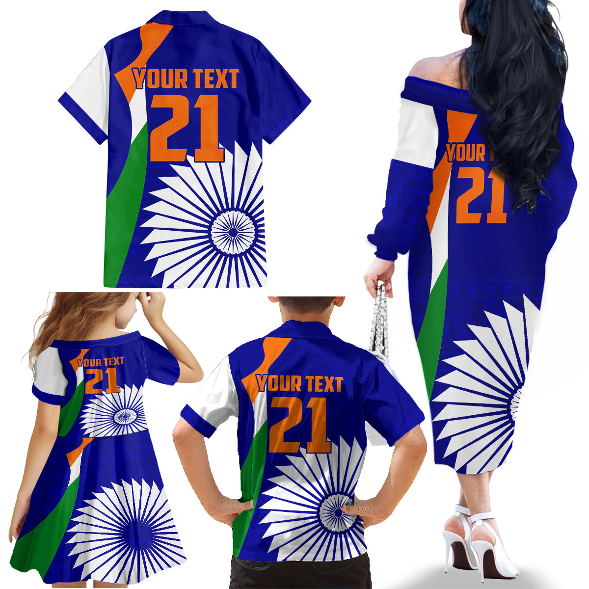 custom-india-cricket-family-matching-off-shoulder-long-sleeve-dress-and-hawaiian-shirt-men-in-blue-world-cup-2023-bharat-flag-style