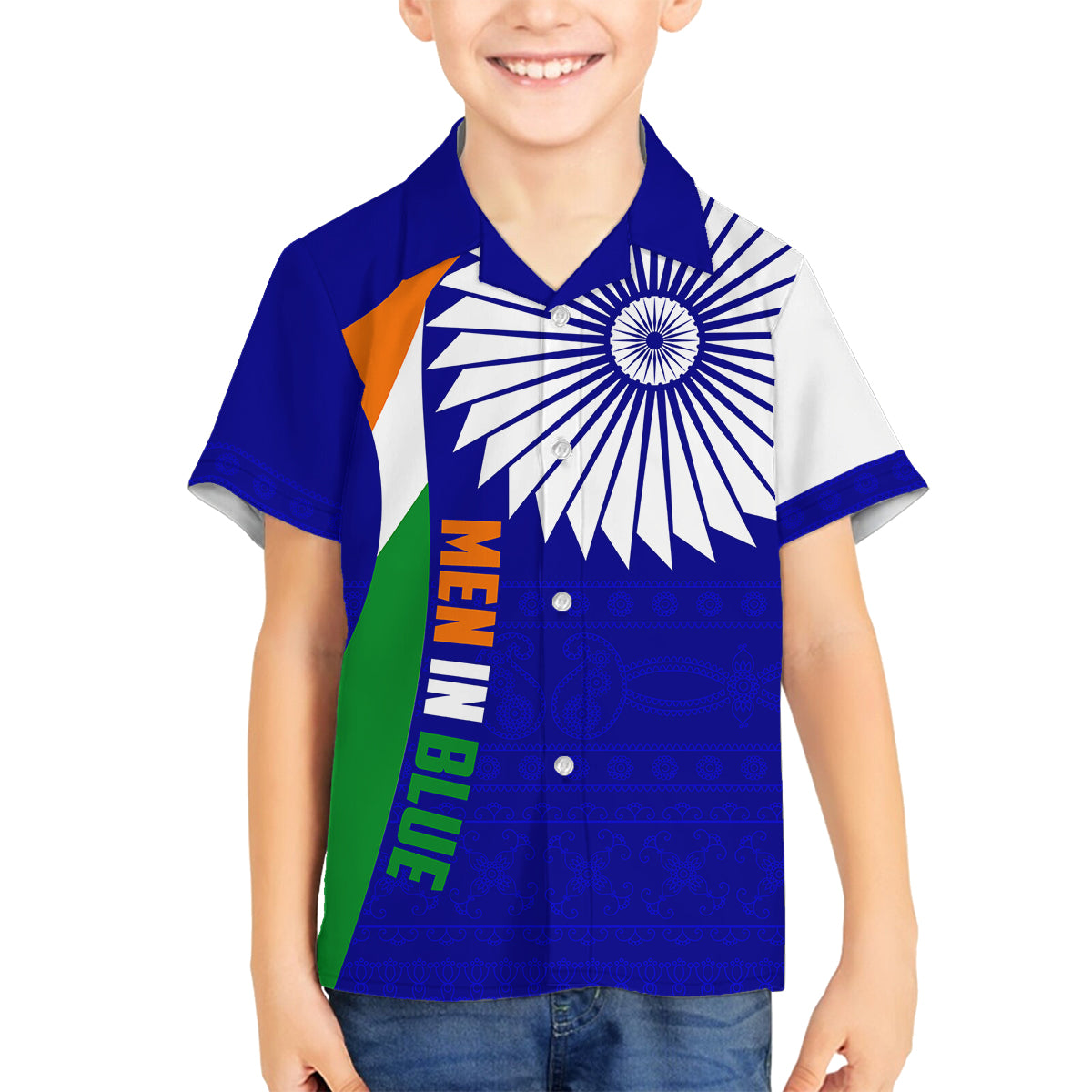 custom-india-cricket-family-matching-off-shoulder-long-sleeve-dress-and-hawaiian-shirt-men-in-blue-world-cup-2023-bharat-flag-style