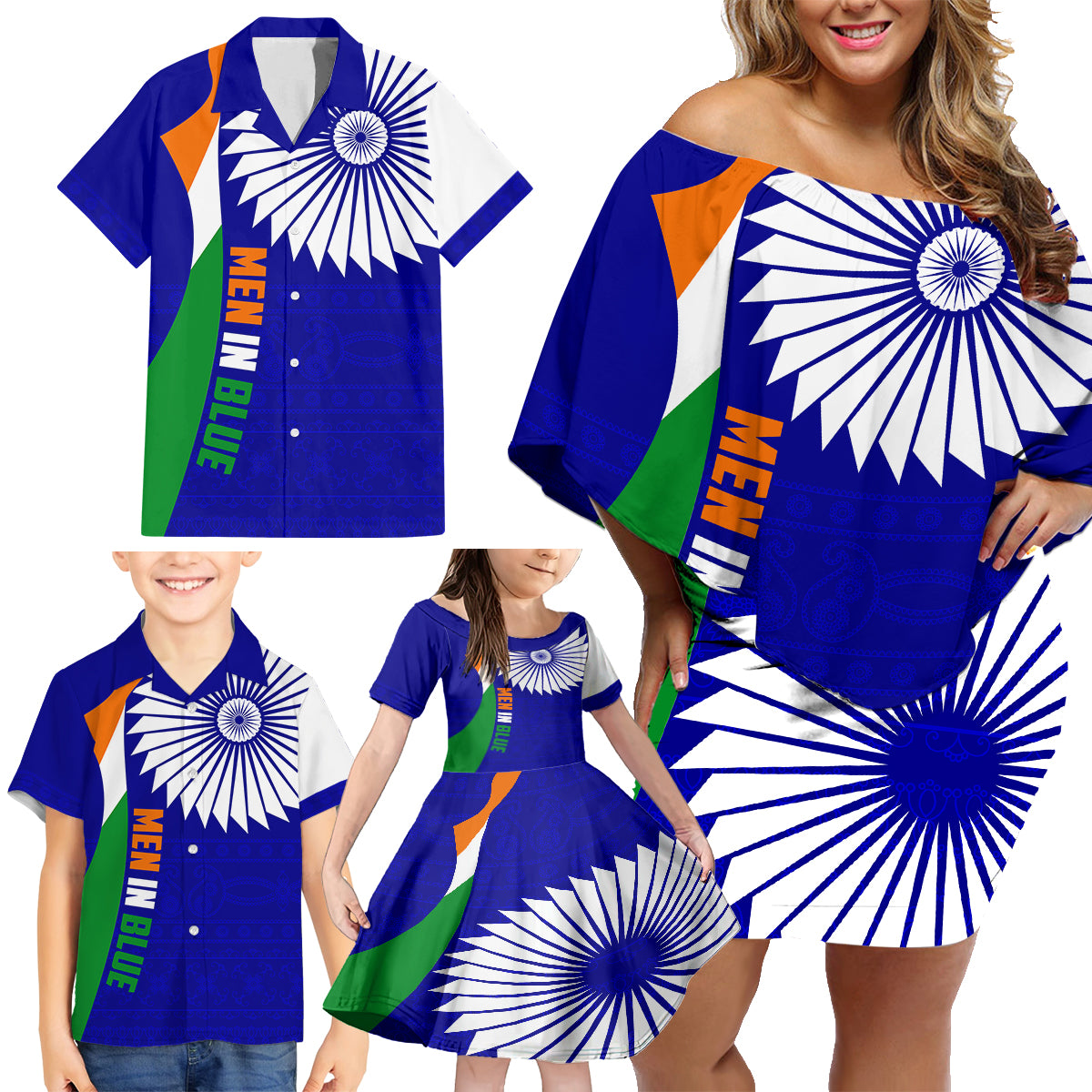 custom-india-cricket-family-matching-off-shoulder-short-dress-and-hawaiian-shirt-men-in-blue-world-cup-2023-bharat-flag-style