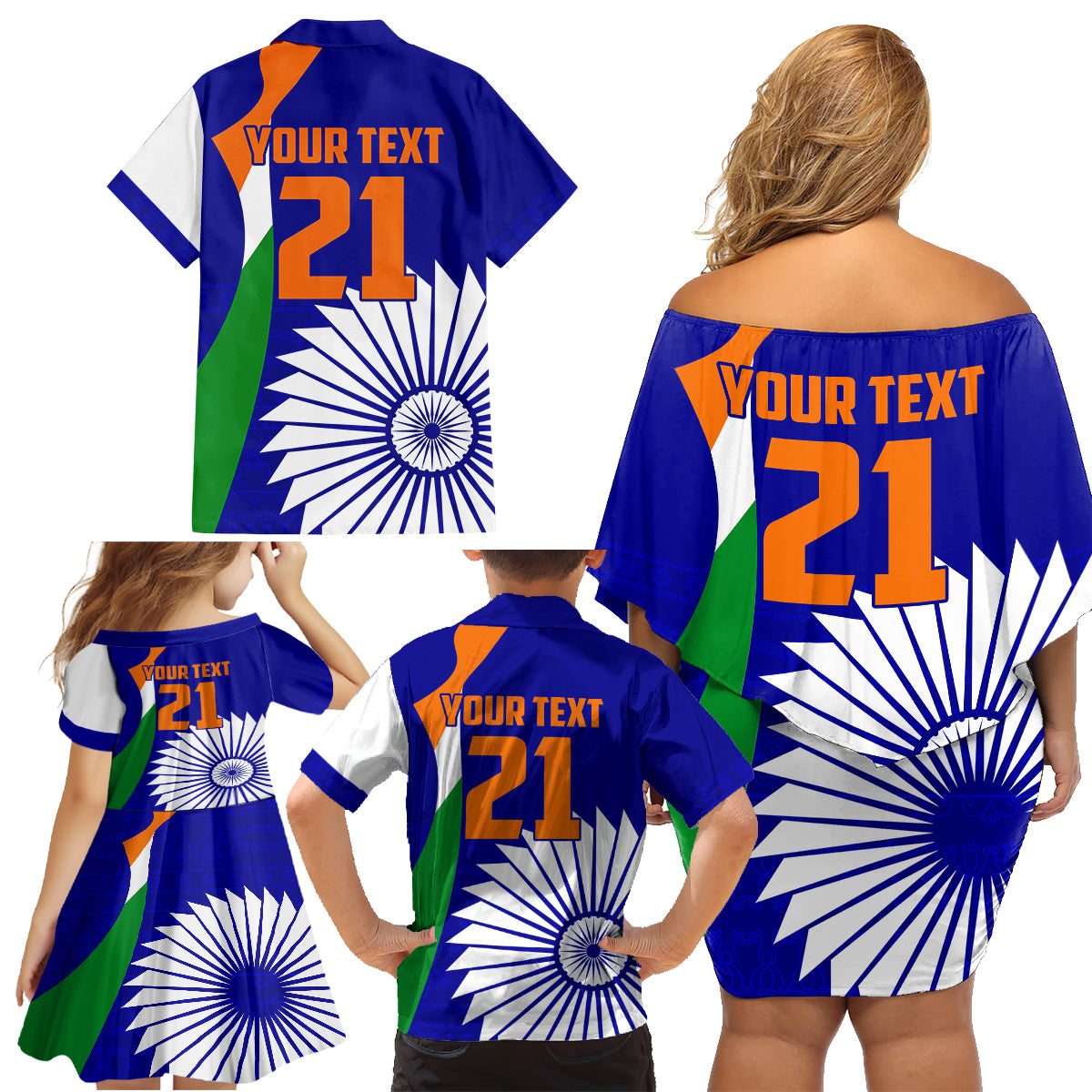 custom-india-cricket-family-matching-off-shoulder-short-dress-and-hawaiian-shirt-men-in-blue-world-cup-2023-bharat-flag-style