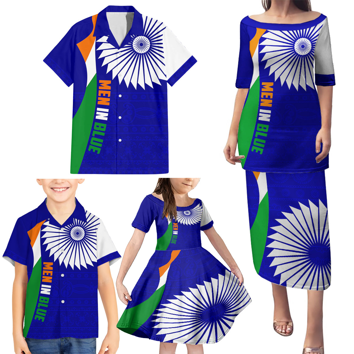 custom-india-cricket-family-matching-puletasi-dress-and-hawaiian-shirt-men-in-blue-world-cup-2023-bharat-flag-style