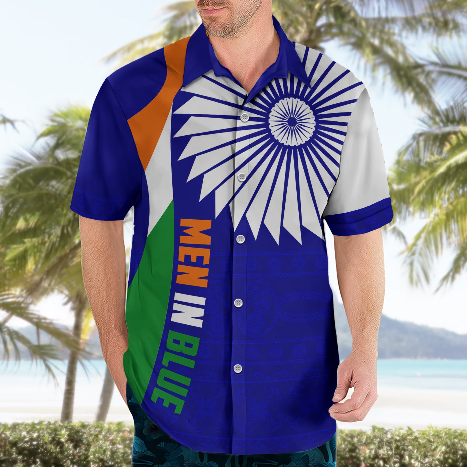 Custom India Cricket Hawaiian Shirt Men in Blue World Cup 2023 Bharat Flag Style - Vibe Hoodie Shop