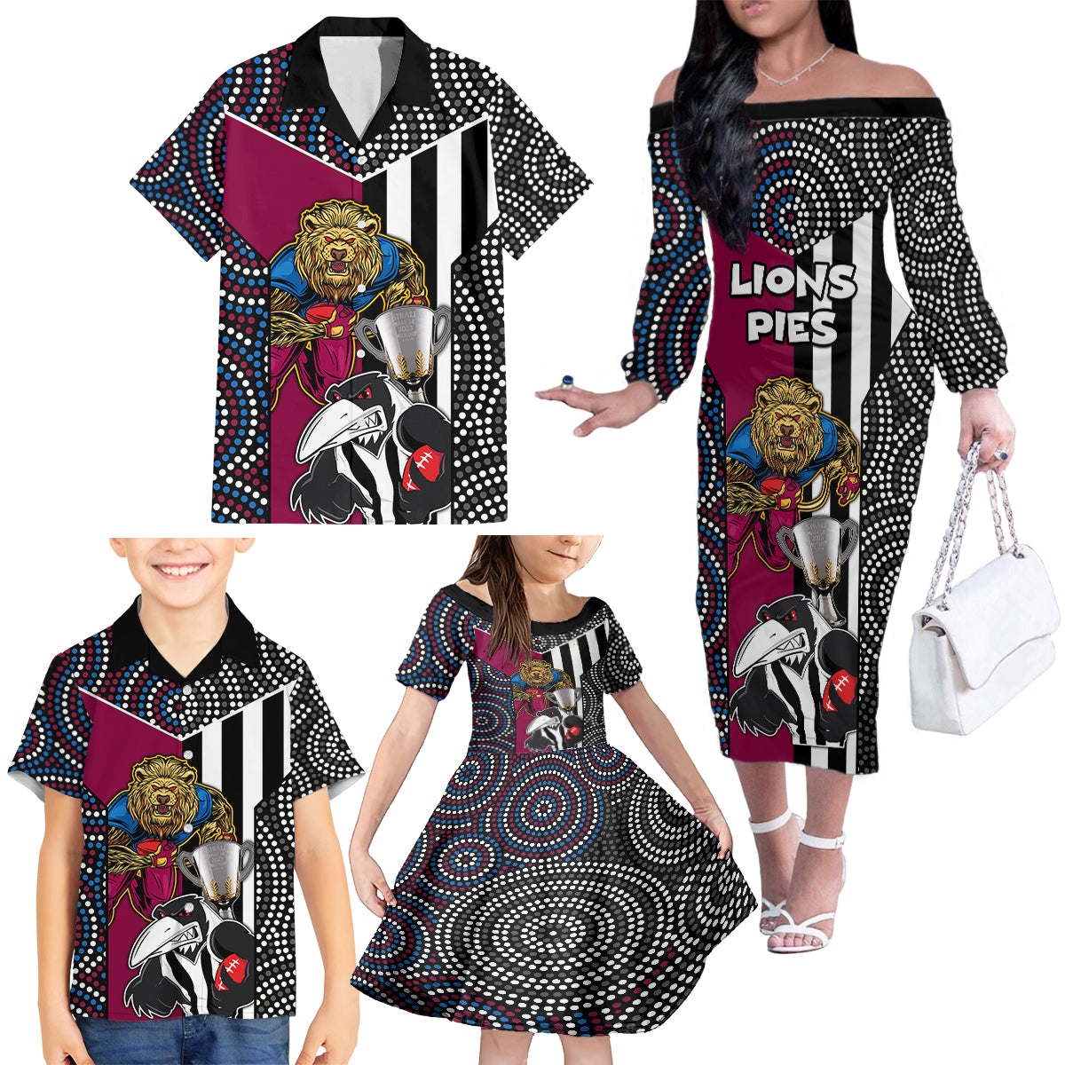 custom-afl-magpies-combine-lions-family-matching-off-shoulder-long-sleeve-dress-and-hawaiian-shirt-together-go-champions-2023