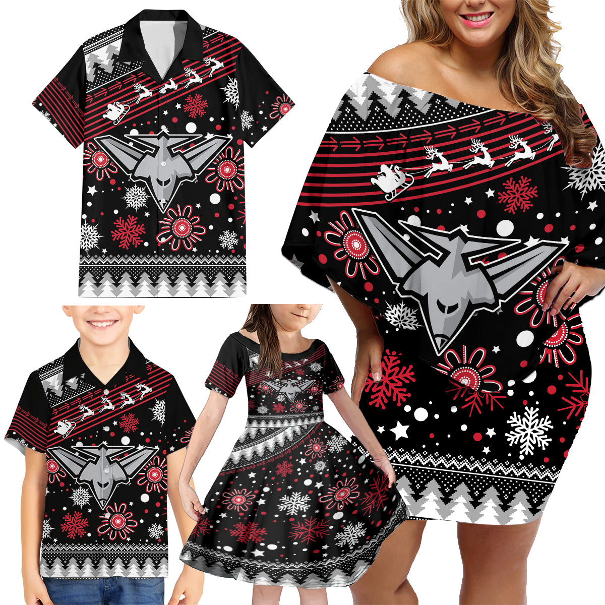 custom-bombers-football-family-matching-off-shoulder-short-dress-and-hawaiian-shirt-christmas-vibe-2023