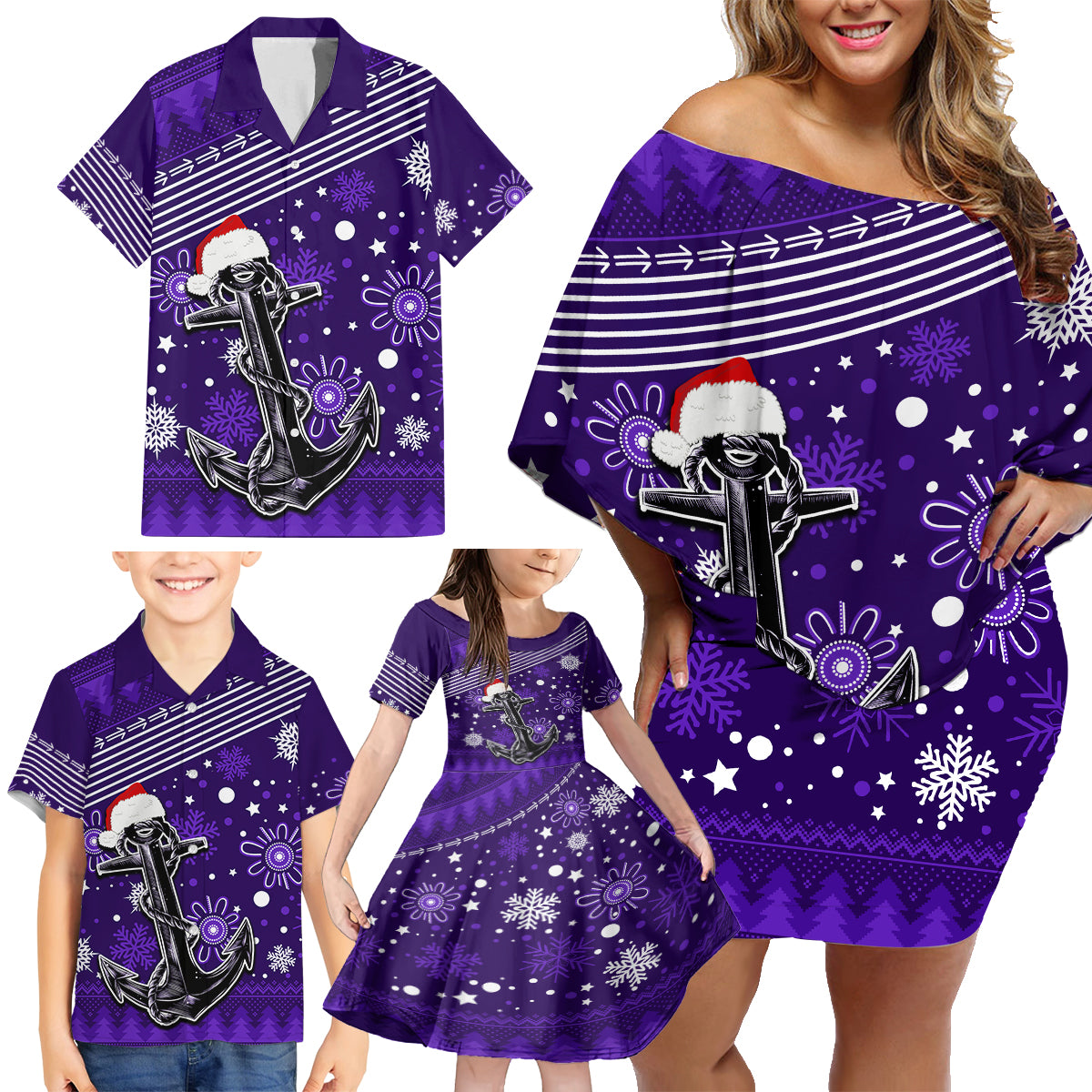 custom-fremantle-dockers-football-family-matching-off-shoulder-short-dress-and-hawaiian-shirt-christmas-vibe-2023