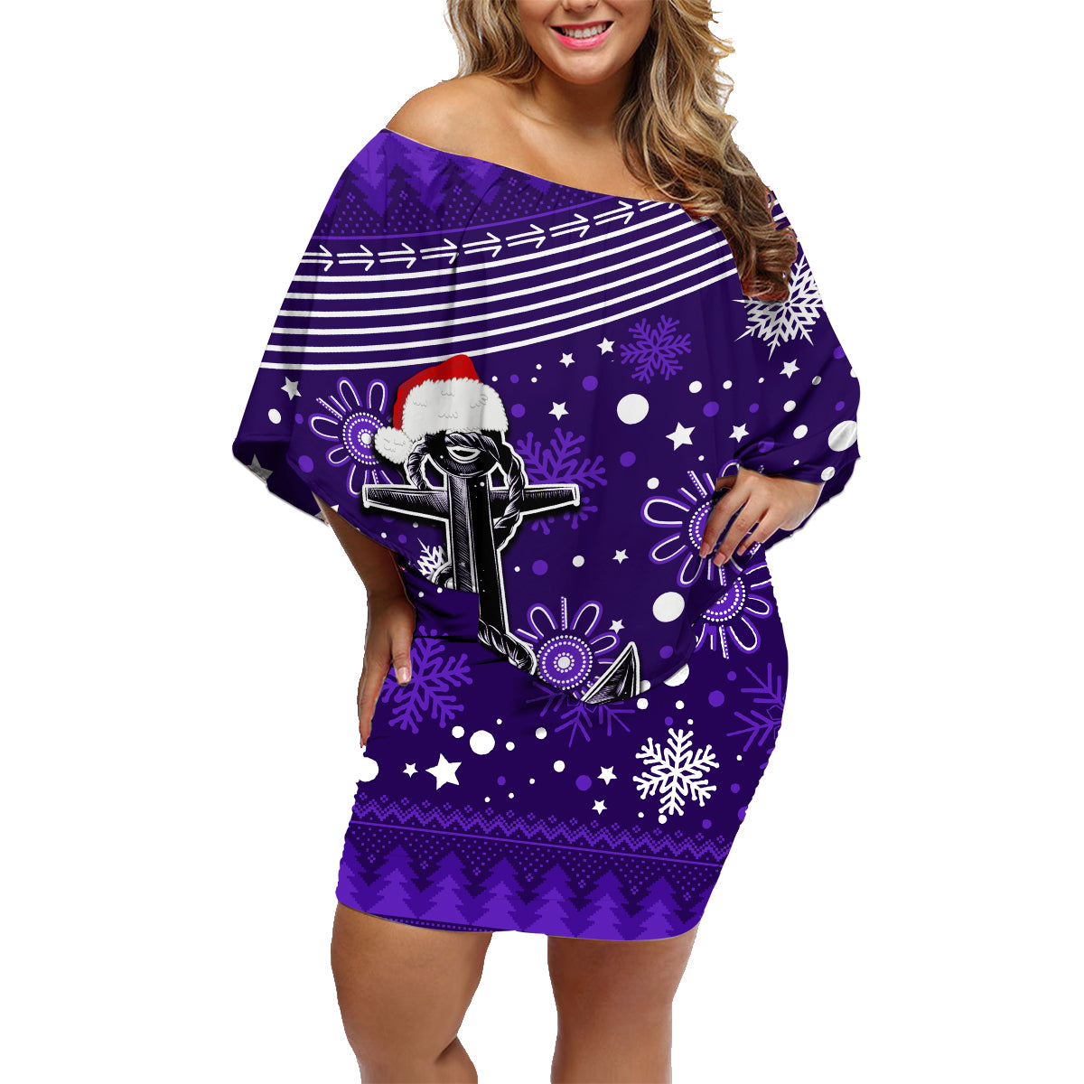 custom-fremantle-dockers-football-family-matching-off-shoulder-short-dress-and-hawaiian-shirt-christmas-vibe-2023