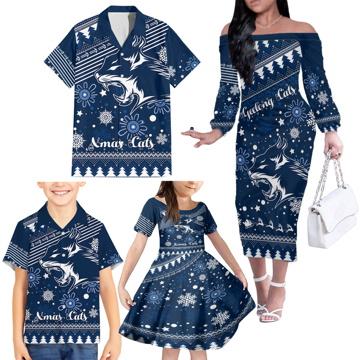 custom-geelong-cats-football-family-matching-off-shoulder-long-sleeve-dress-and-hawaiian-shirt-christmas-vibe-2023