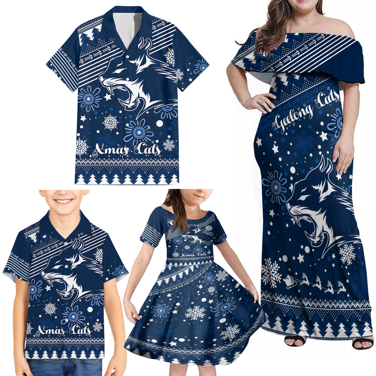 custom-geelong-cats-football-family-matching-off-shoulder-maxi-dress-and-hawaiian-shirt-christmas-vibe-2023