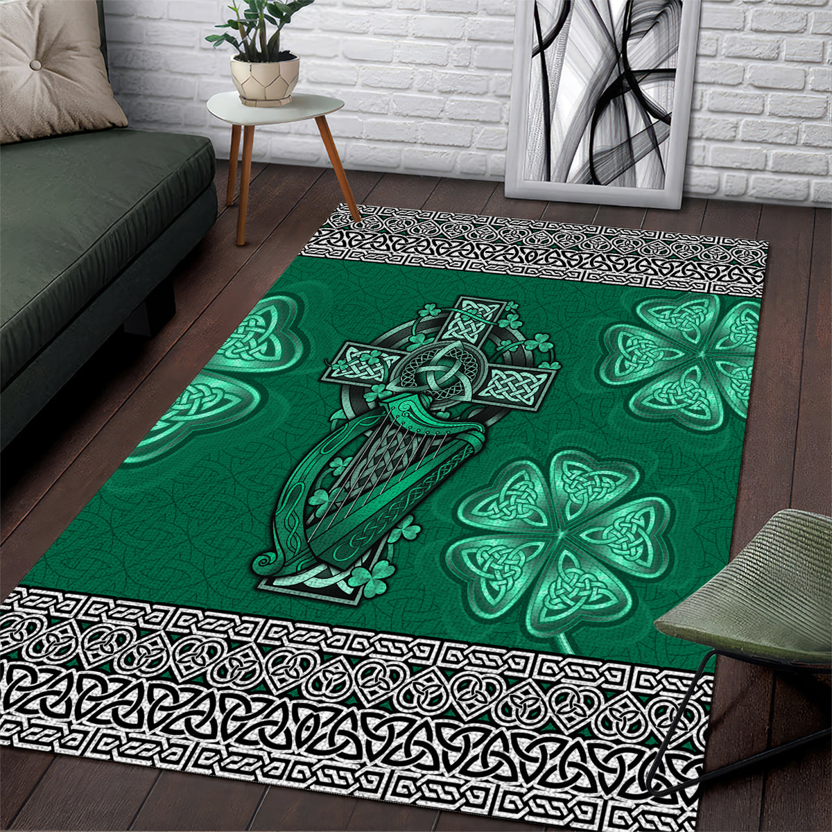 Irish Celtic Cross and Harp with Ireland Shamrock Personalized Area Rug - Vibe Hoodie Shop