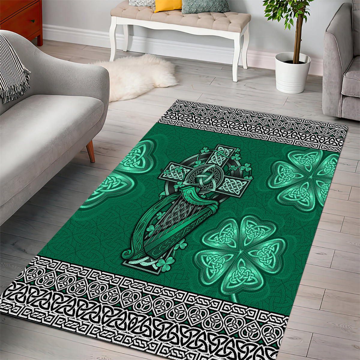 Irish Celtic Cross and Harp with Ireland Shamrock Personalized Area Rug - Vibe Hoodie Shop