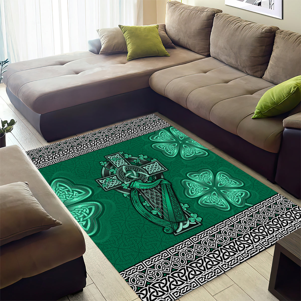 Irish Celtic Cross and Harp with Ireland Shamrock Personalized Area Rug - Vibe Hoodie Shop