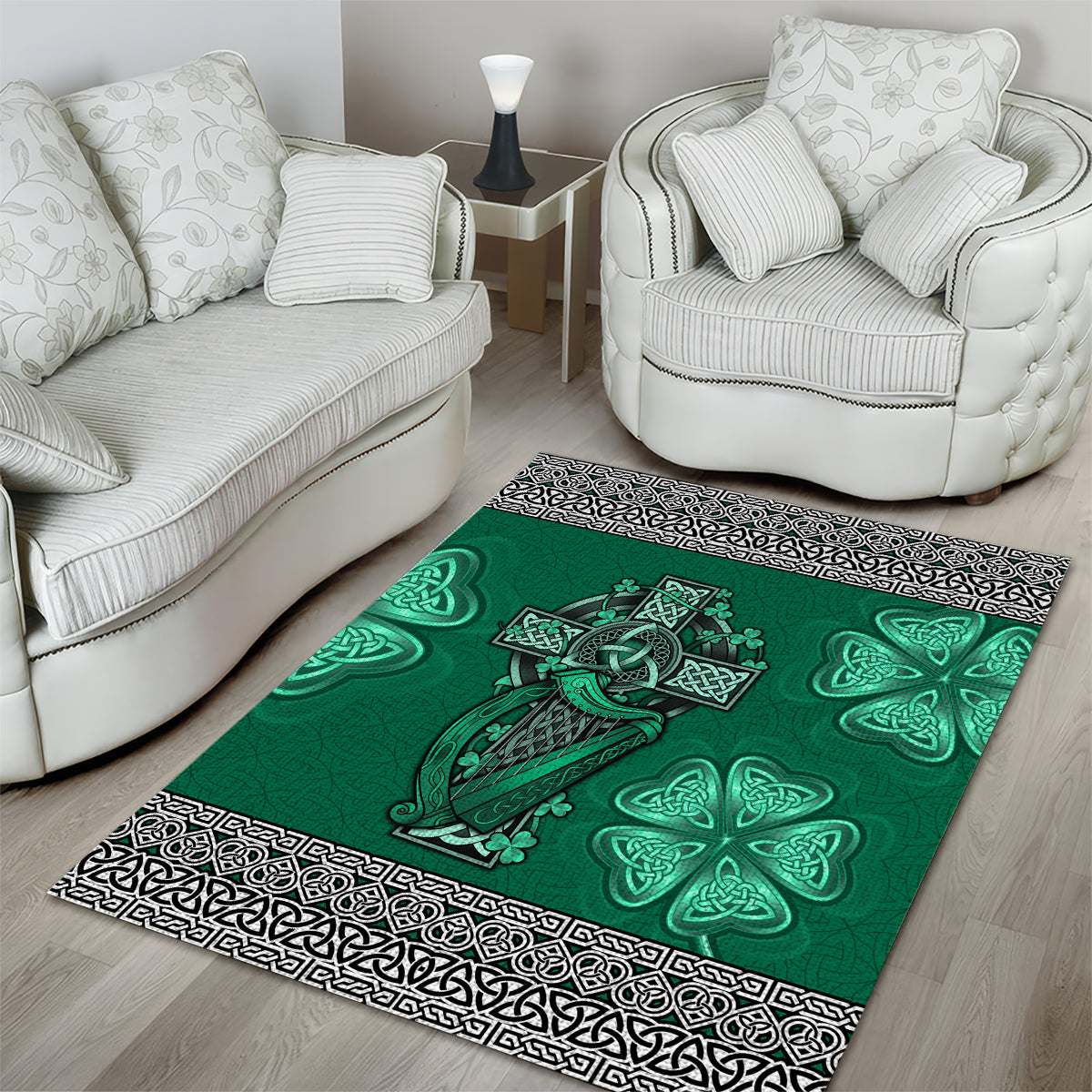 Irish Celtic Cross and Harp with Ireland Shamrock Personalized Area Rug - Vibe Hoodie Shop