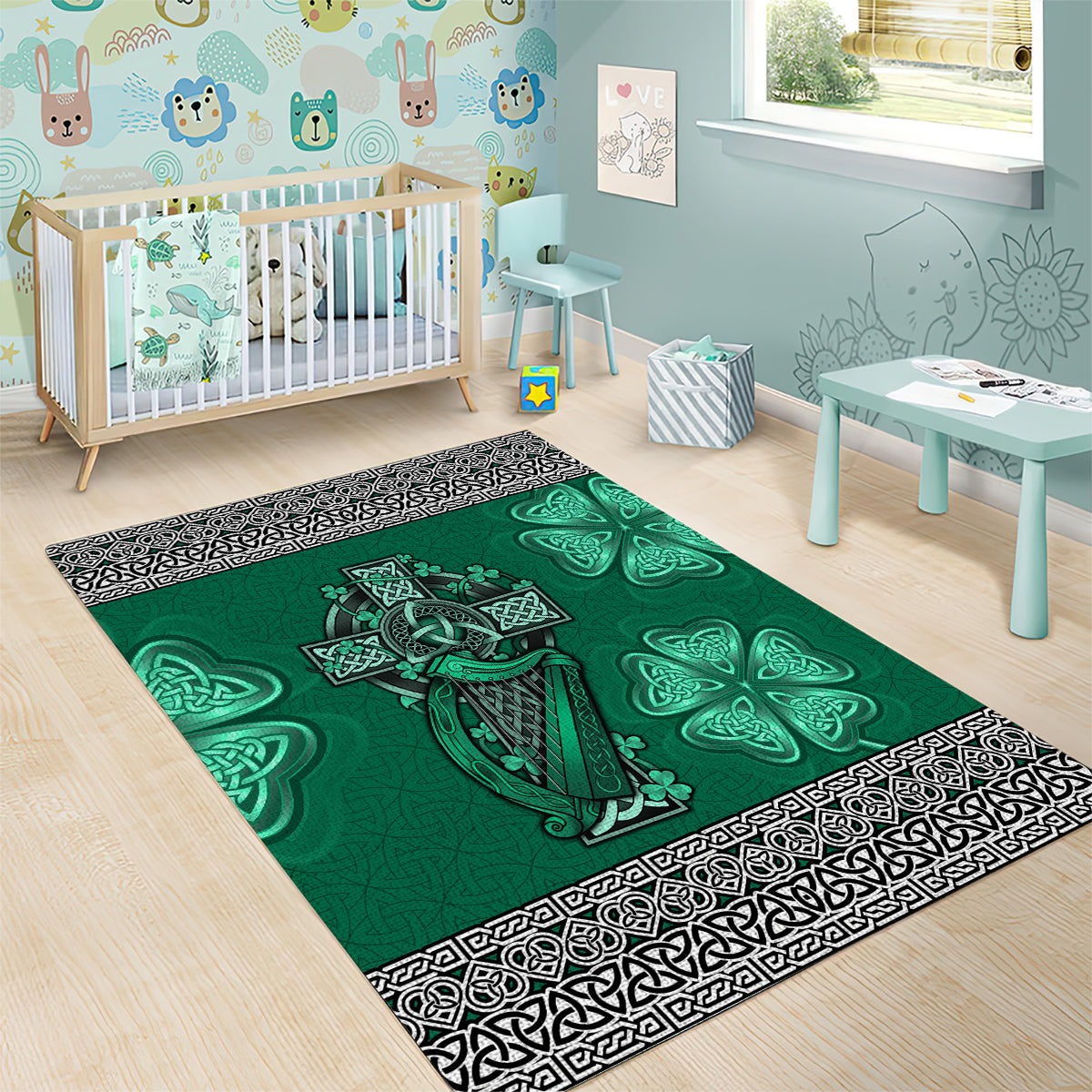 Irish Celtic Cross and Harp with Ireland Shamrock Personalized Area Rug - Vibe Hoodie Shop