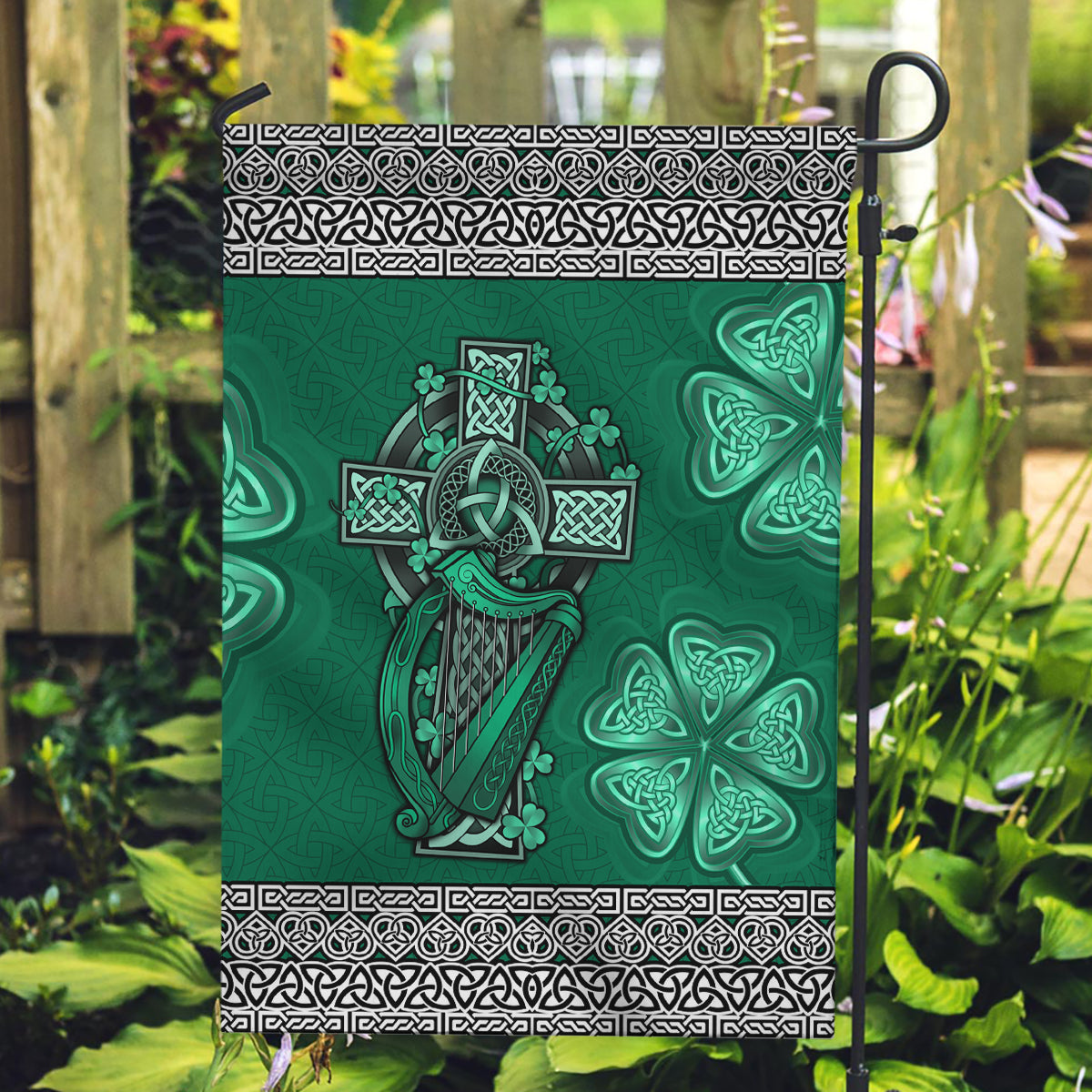 Irish Celtic Cross and Harp with Ireland Shamrock Personalized Garden Flag - Vibe Hoodie Shop