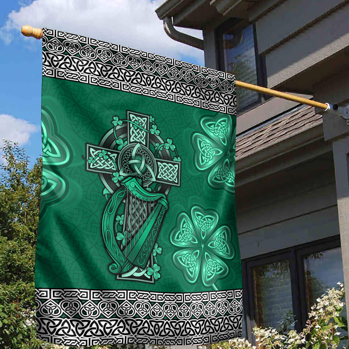 Irish Celtic Cross and Harp with Ireland Shamrock Personalized Garden Flag - Vibe Hoodie Shop