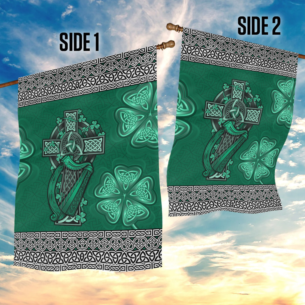 Irish Celtic Cross and Harp with Ireland Shamrock Personalized Garden Flag - Vibe Hoodie Shop