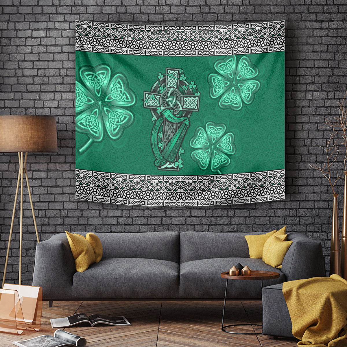 Irish Celtic Cross and Harp with Ireland Shamrock Personalized Tapestry - Vibe Hoodie Shop