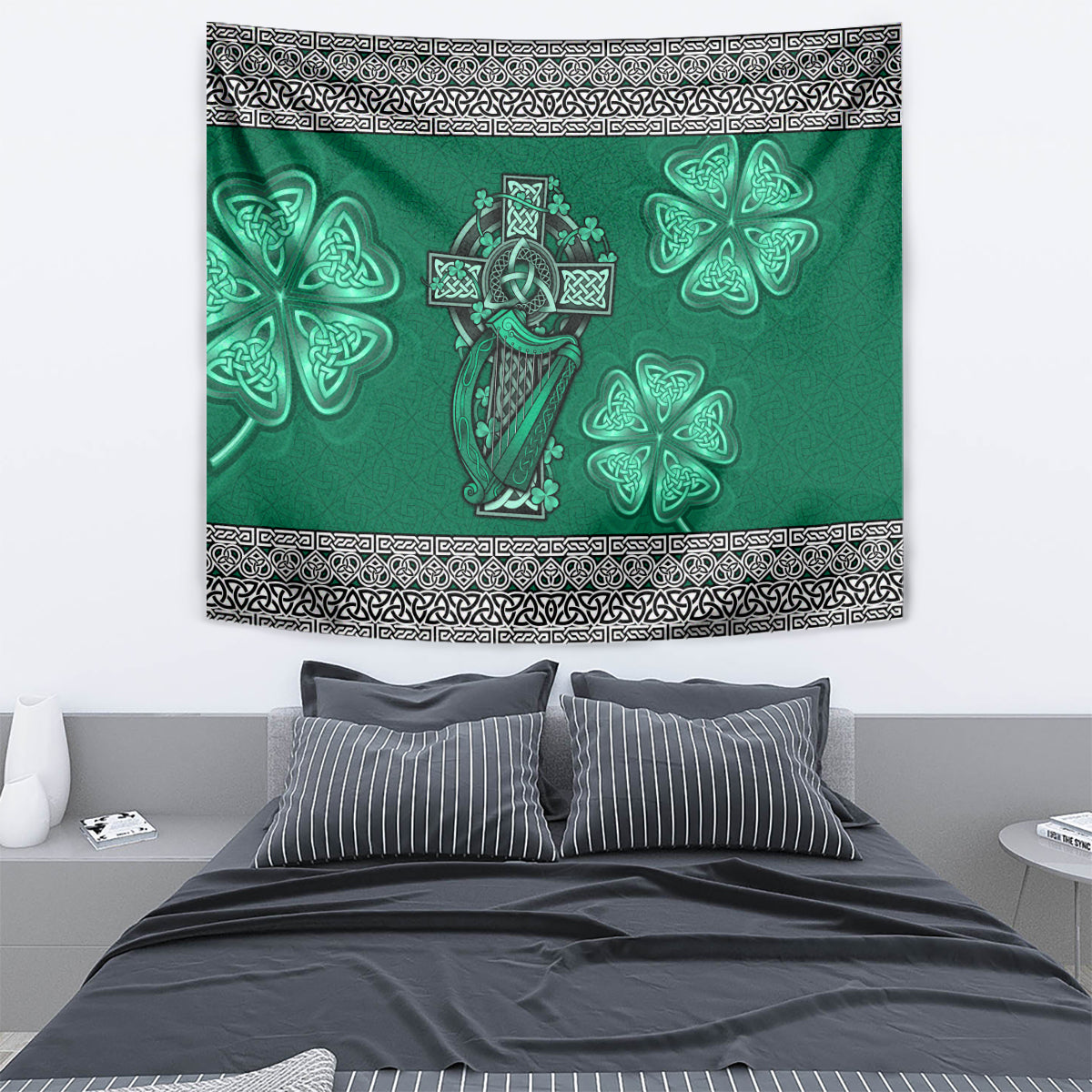 Irish Celtic Cross and Harp with Ireland Shamrock Personalized Tapestry - Vibe Hoodie Shop