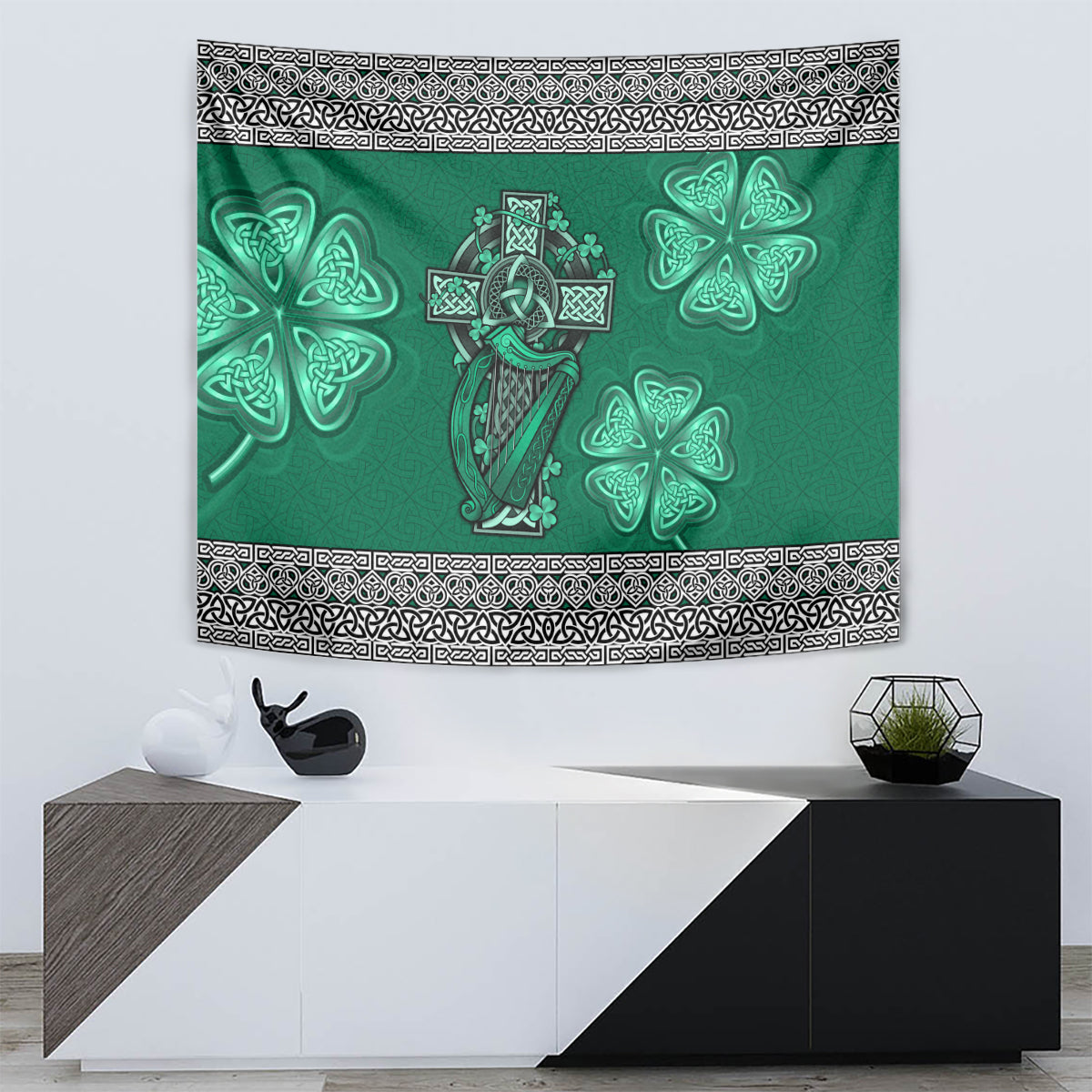 Irish Celtic Cross and Harp with Ireland Shamrock Personalized Tapestry - Vibe Hoodie Shop