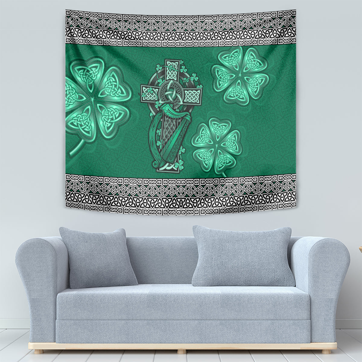 Irish Celtic Cross and Harp with Ireland Shamrock Personalized Tapestry - Vibe Hoodie Shop