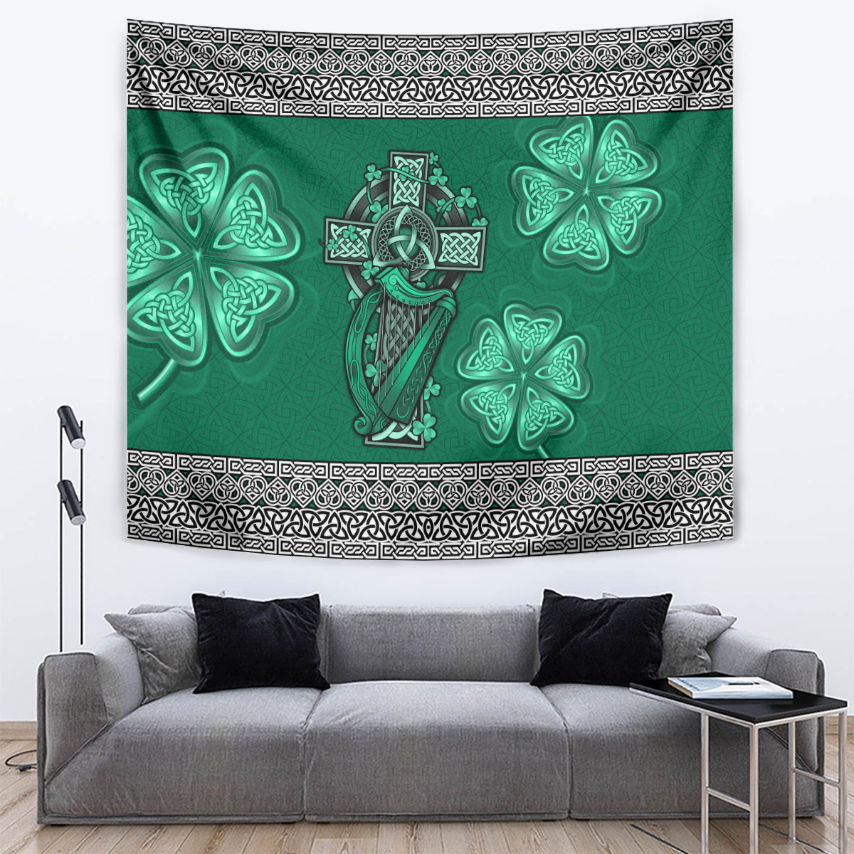 Irish Celtic Cross and Harp with Ireland Shamrock Personalized Tapestry - Vibe Hoodie Shop