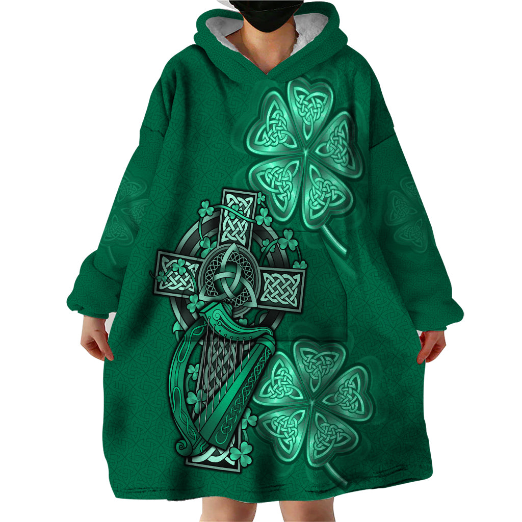 Irish Celtic Cross and Harp with Ireland Shamrock Personalized Wearable Blanket Hoodie - Vibe Hoodie Shop