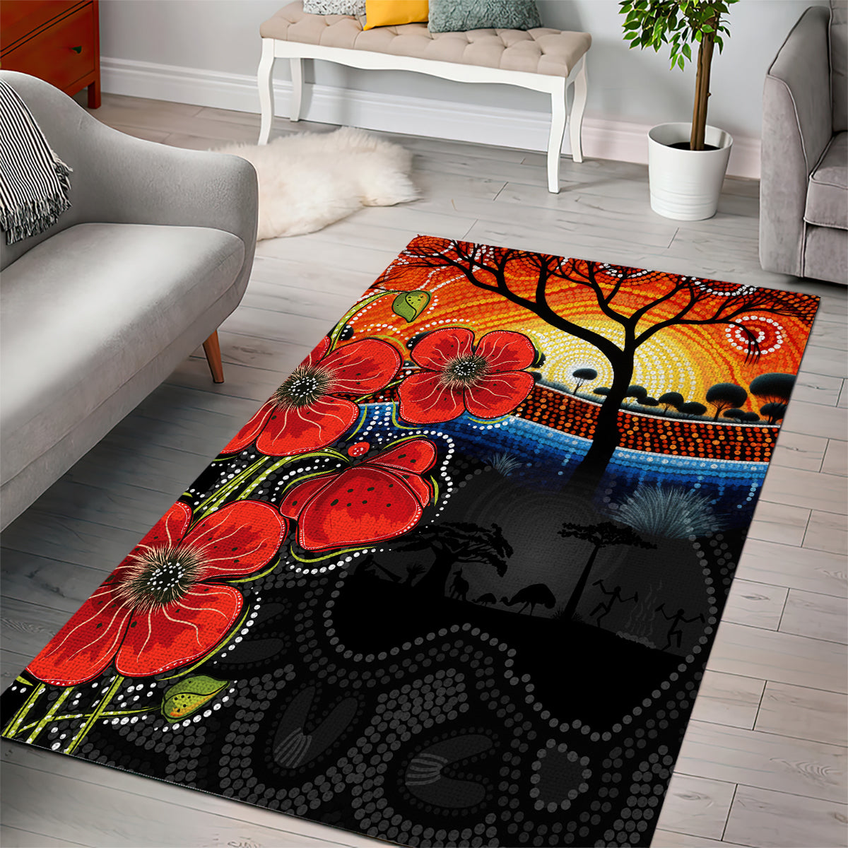 ANZAC Day Australia Poppy Flower Area Rug Aboriginal Style - Vibe Hoodie Shop