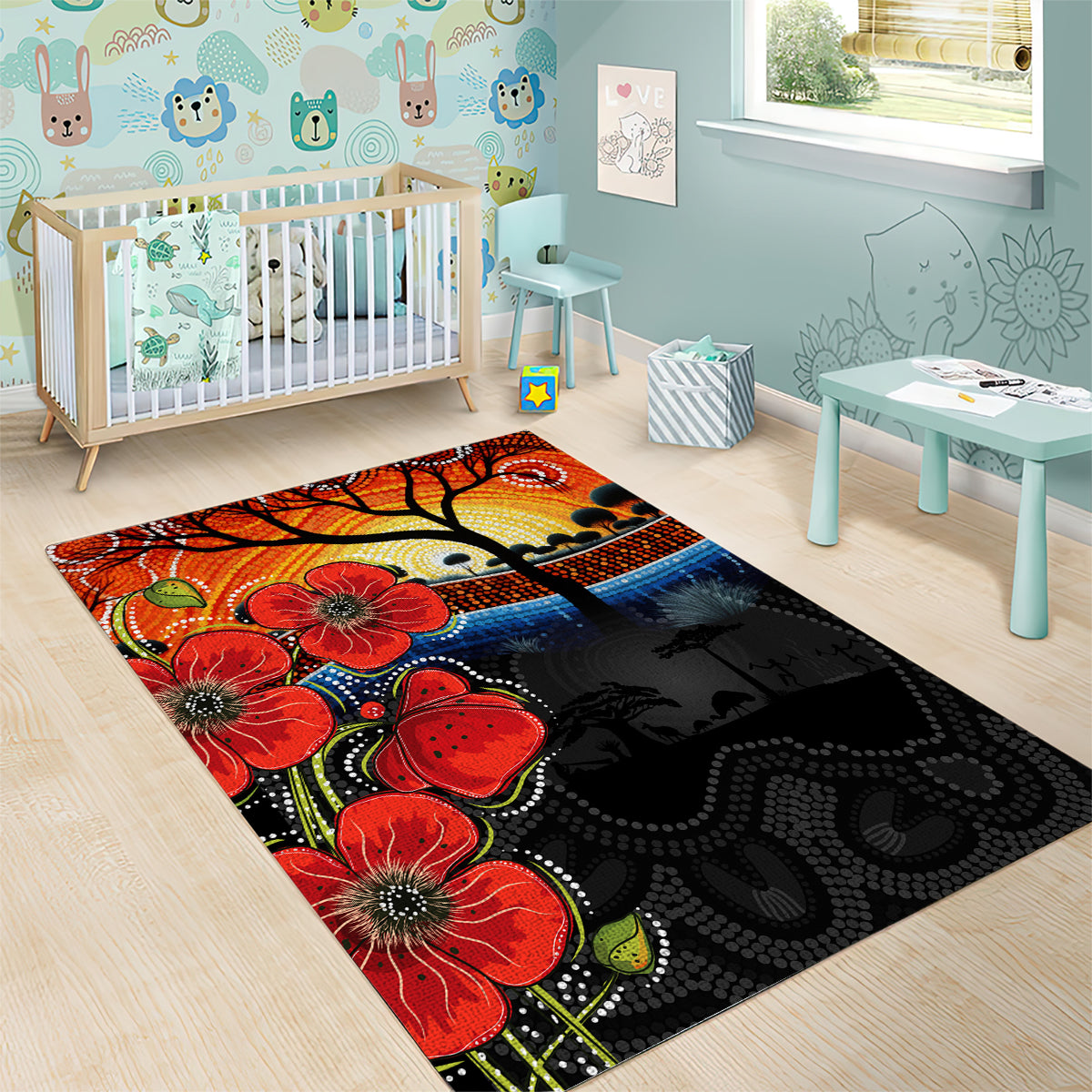 ANZAC Day Australia Poppy Flower Area Rug Aboriginal Style - Vibe Hoodie Shop