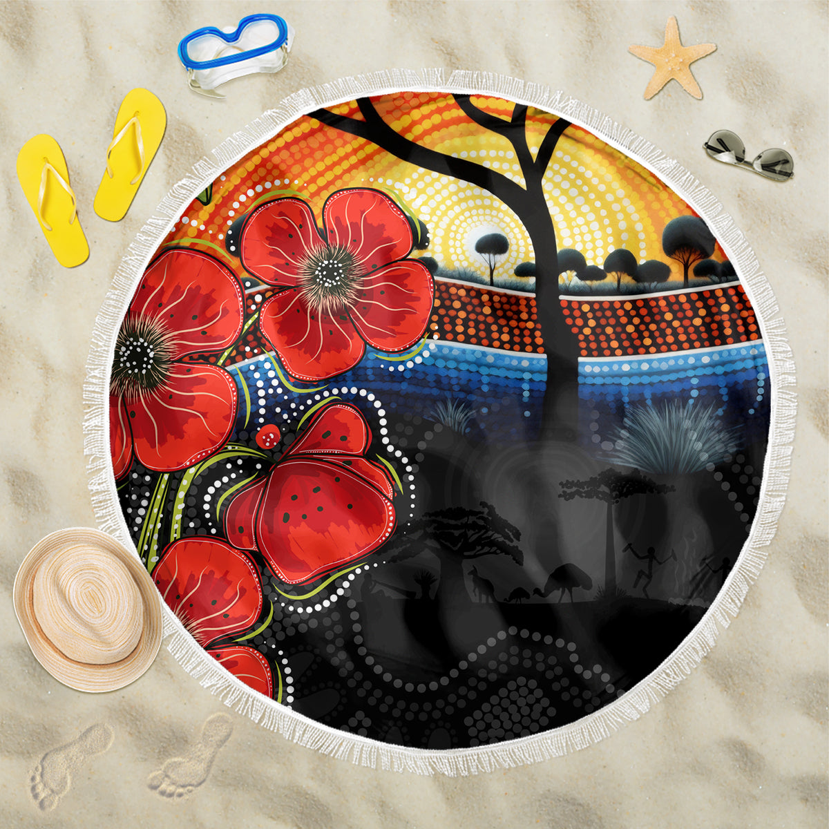 ANZAC Day Australia Poppy Flower Beach Blanket Aboriginal Style