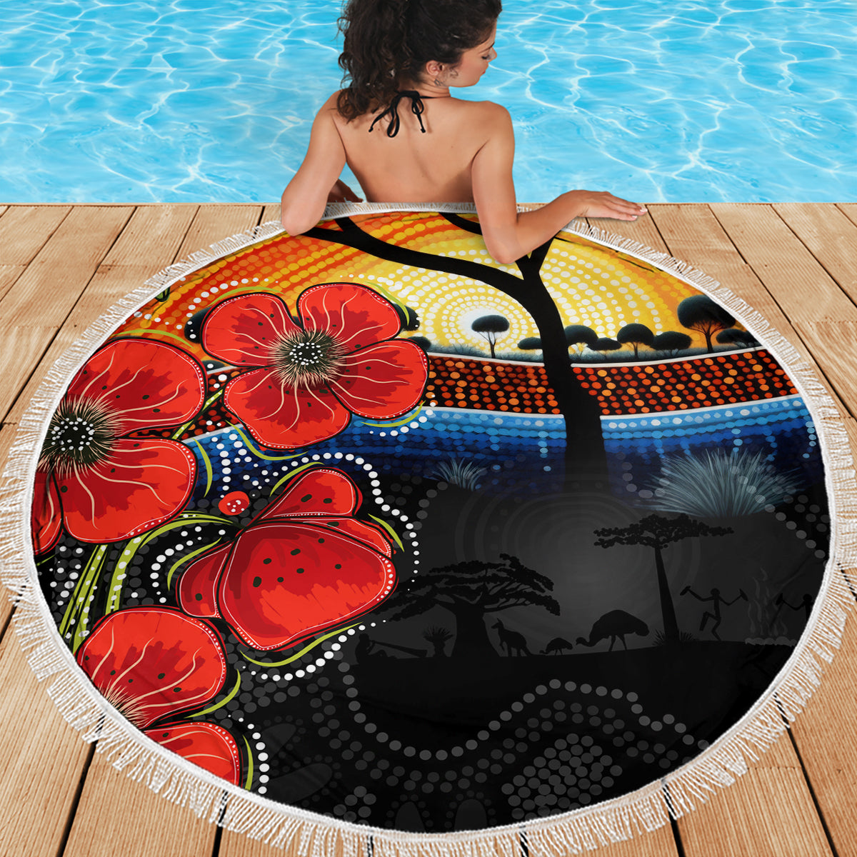 ANZAC Day Australia Poppy Flower Beach Blanket Aboriginal Style