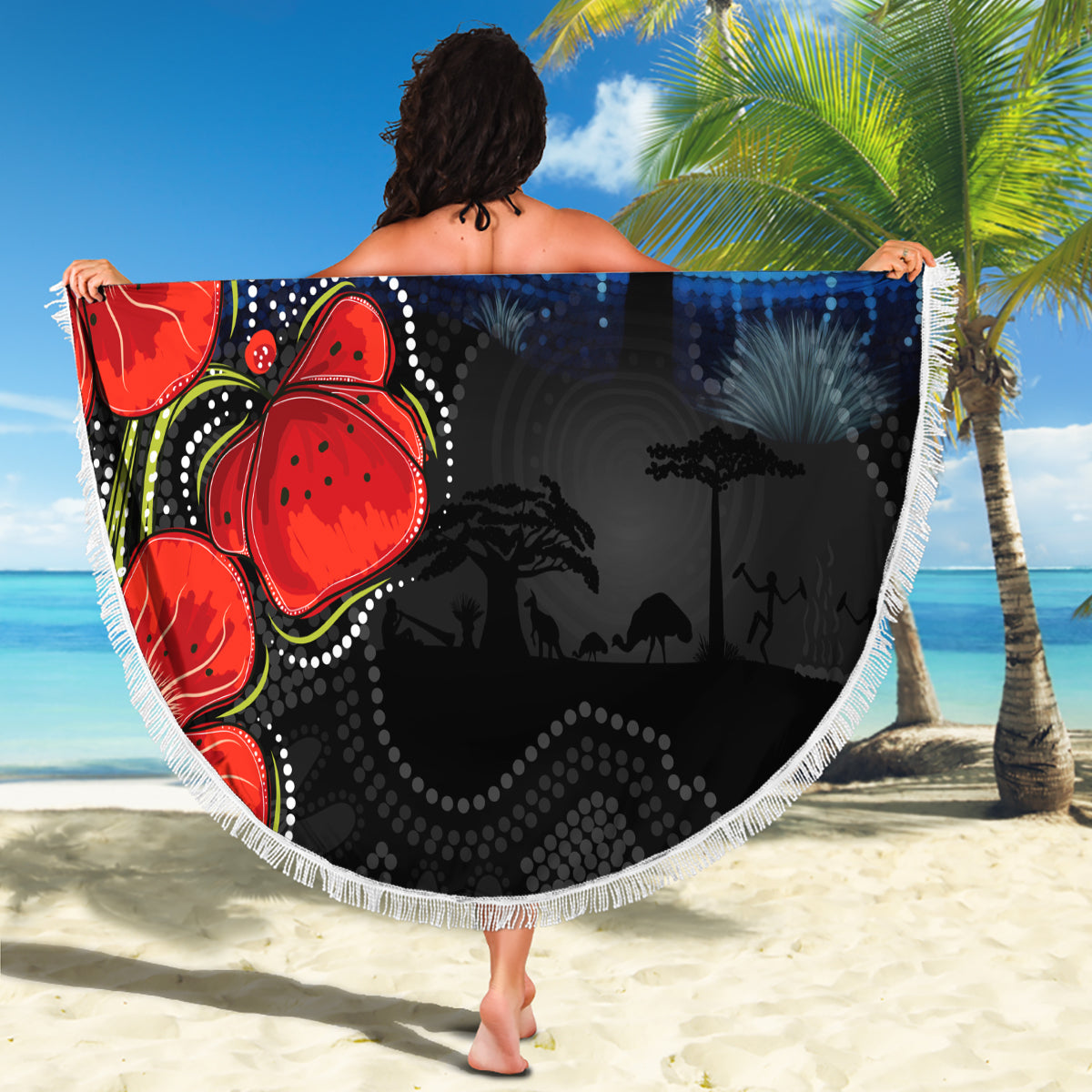 ANZAC Day Australia Poppy Flower Beach Blanket Aboriginal Style