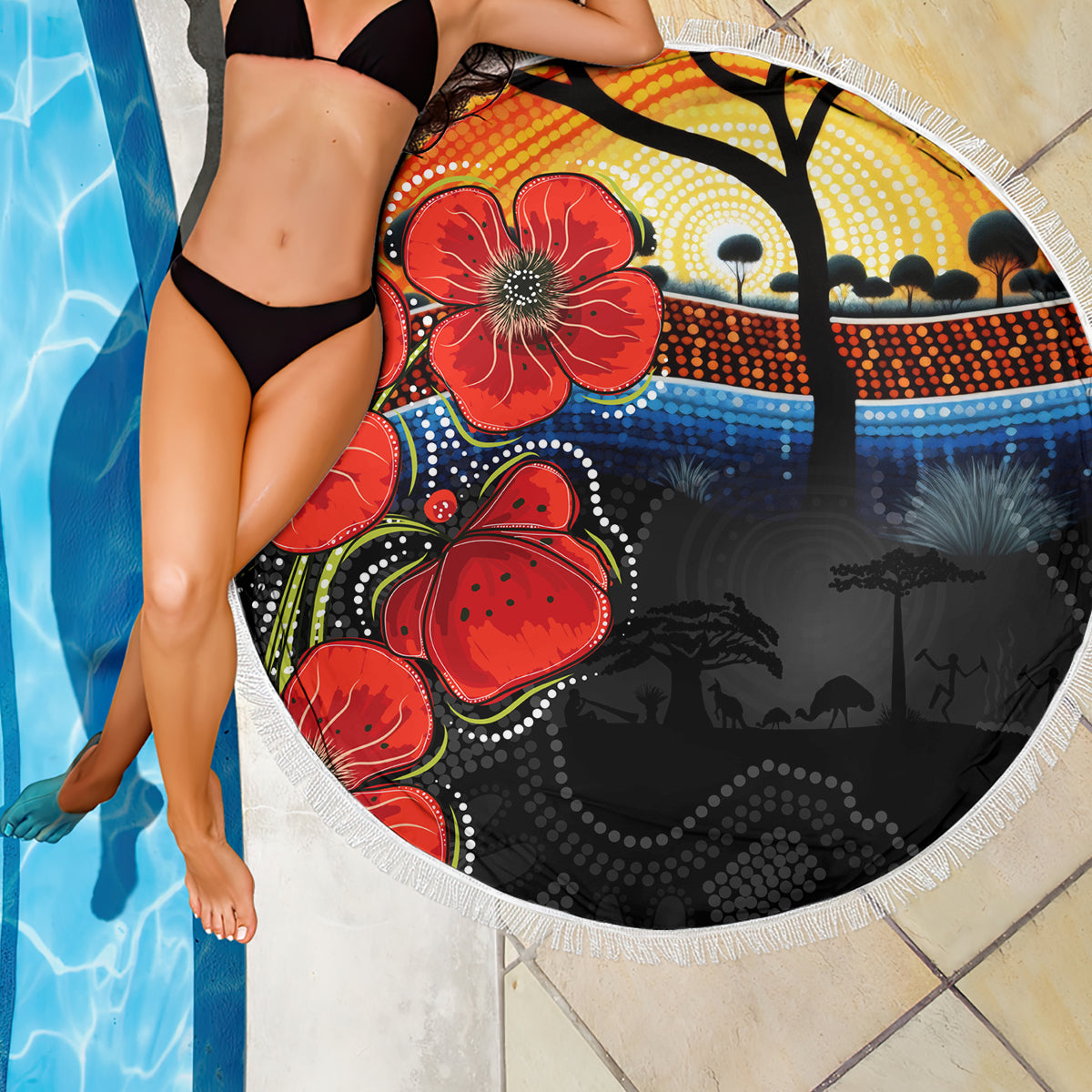 ANZAC Day Australia Poppy Flower Beach Blanket Aboriginal Style