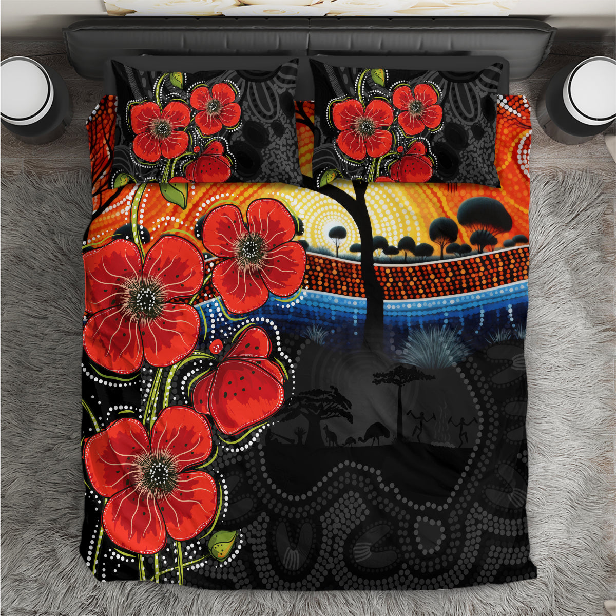 ANZAC Day Australia Poppy Flower Bedding Set Aboriginal Style - Vibe Hoodie Shop