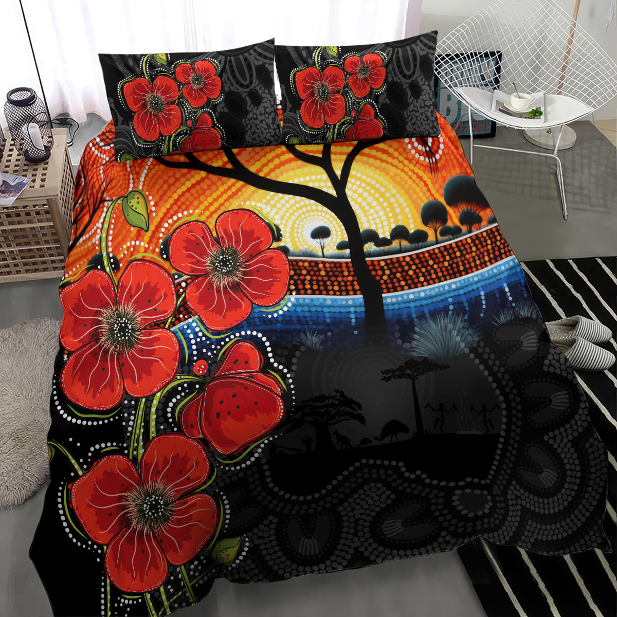 ANZAC Day Australia Poppy Flower Bedding Set Aboriginal Style - Vibe Hoodie Shop
