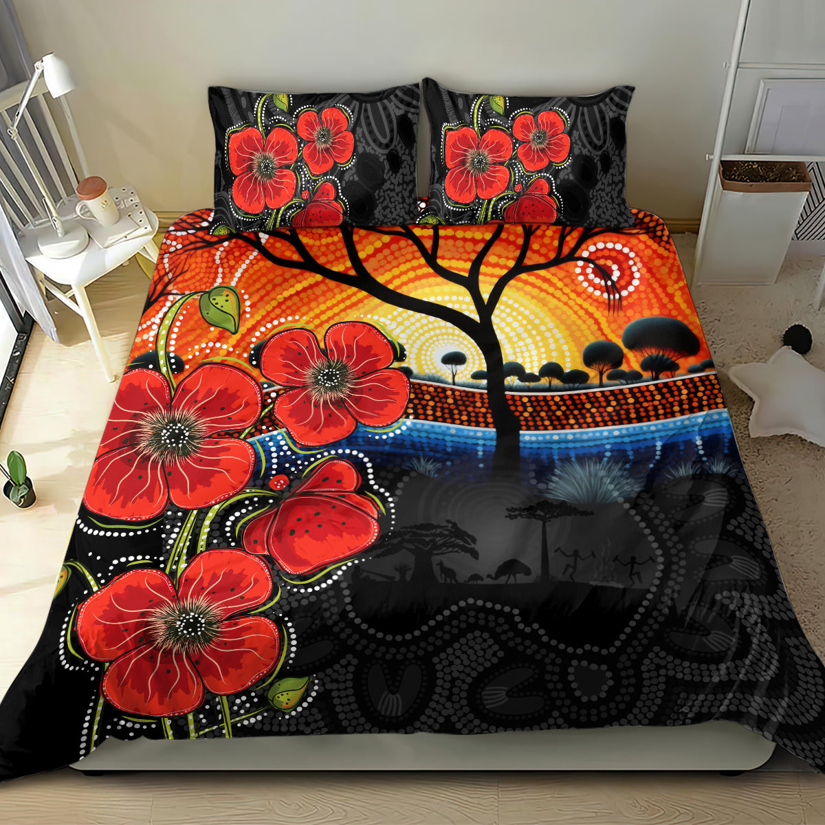 ANZAC Day Australia Poppy Flower Bedding Set Aboriginal Style - Vibe Hoodie Shop