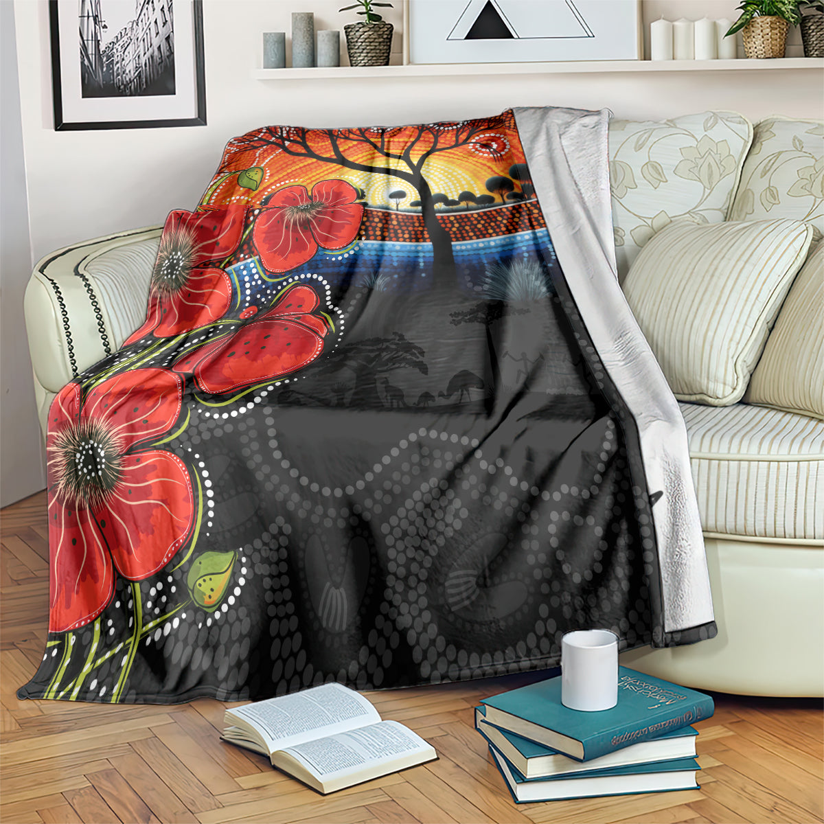 ANZAC Day Australia Poppy Flower Blanket Aboriginal Style - Vibe Hoodie Shop