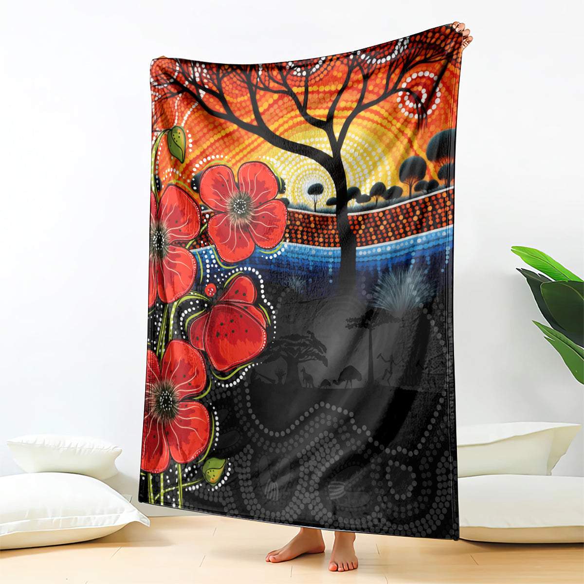 ANZAC Day Australia Poppy Flower Blanket Aboriginal Style - Vibe Hoodie Shop