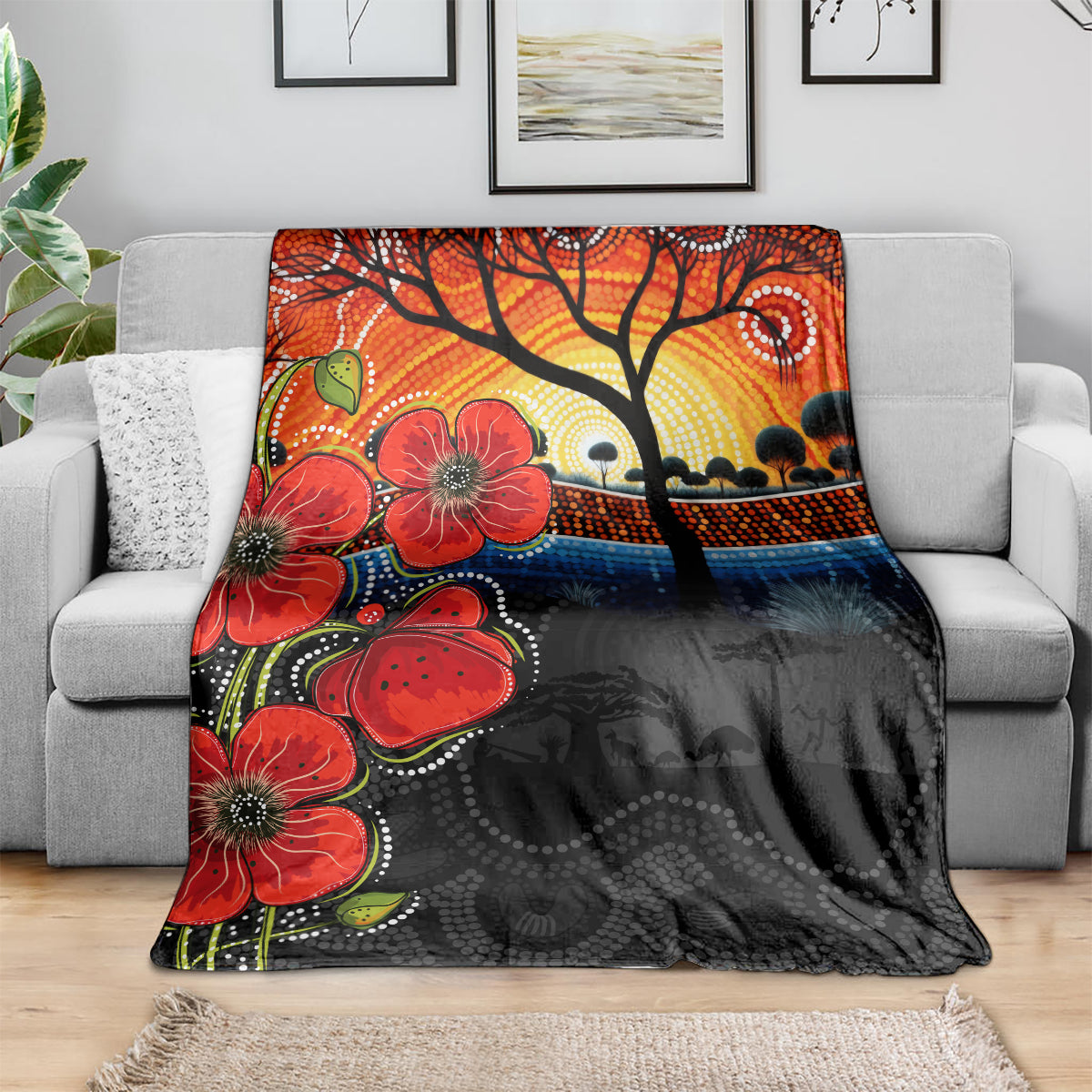 ANZAC Day Australia Poppy Flower Blanket Aboriginal Style - Vibe Hoodie Shop