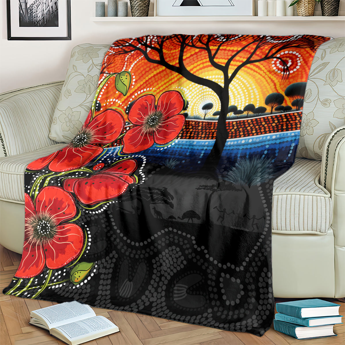 ANZAC Day Australia Poppy Flower Blanket Aboriginal Style - Vibe Hoodie Shop