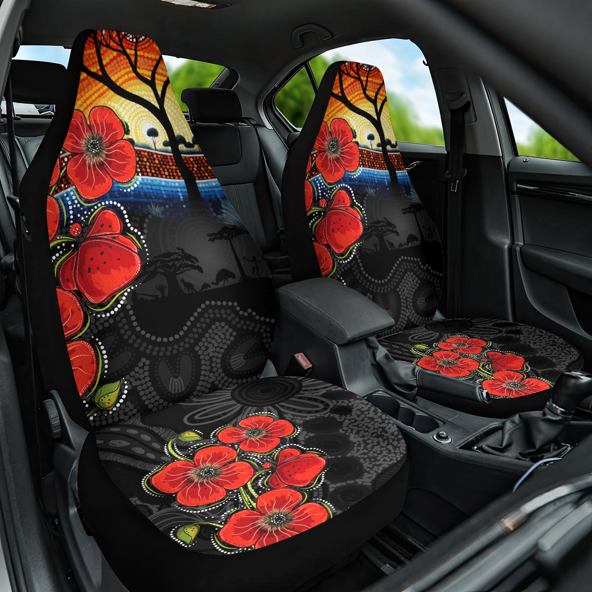 ANZAC Day Australia Poppy Flower Car Seat Cover Aboriginal Style - Vibe Hoodie Shop
