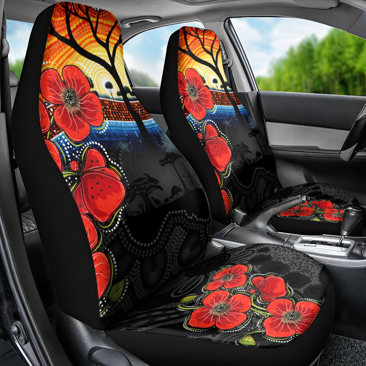 ANZAC Day Australia Poppy Flower Car Seat Cover Aboriginal Style - Vibe Hoodie Shop
