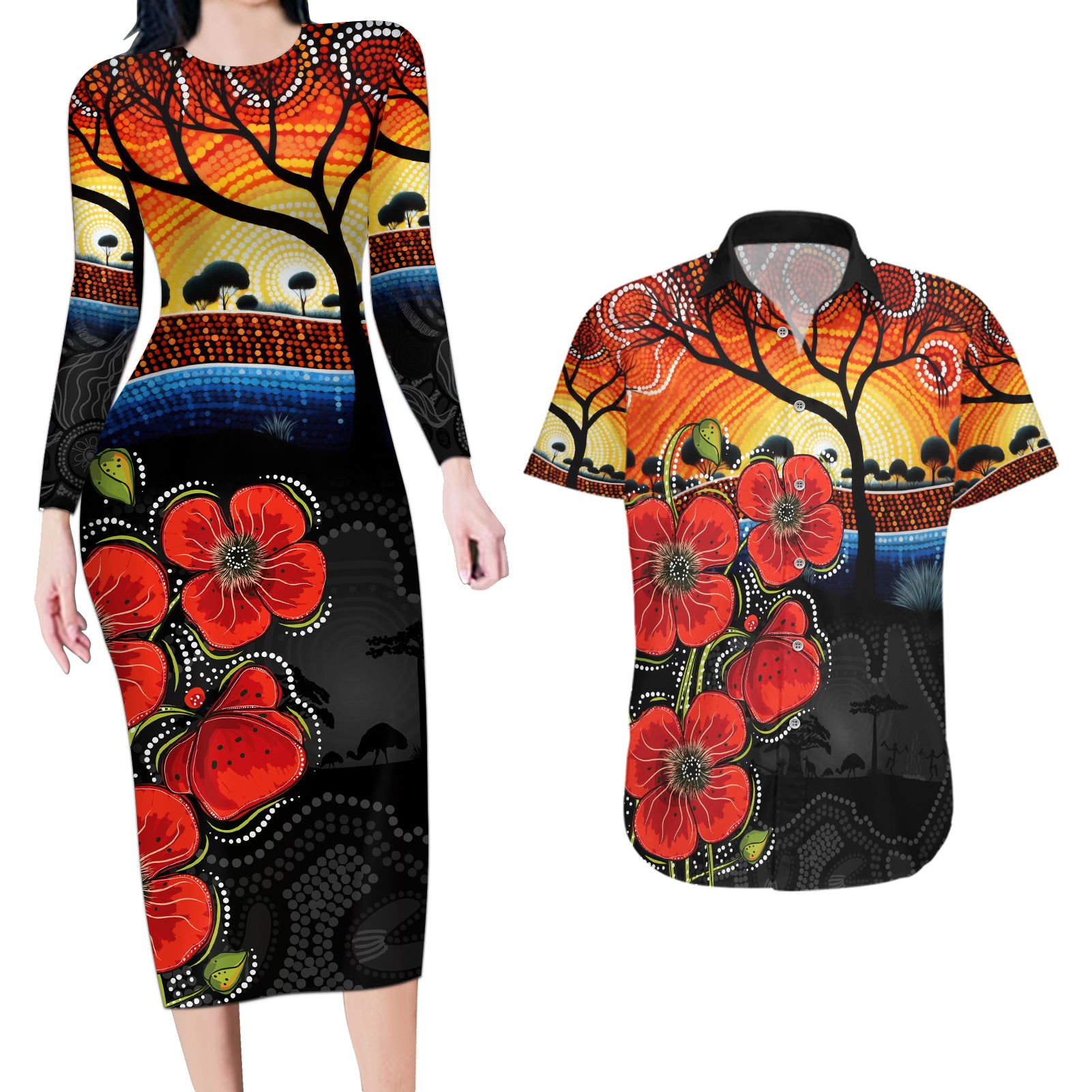 ANZAC Day Australia Poppy Flower Couples Matching Long Sleeve Bodycon Dress and Hawaiian Shirt Aboriginal Style