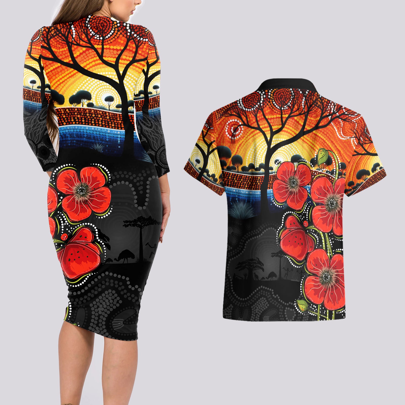ANZAC Day Australia Poppy Flower Couples Matching Long Sleeve Bodycon Dress and Hawaiian Shirt Aboriginal Style