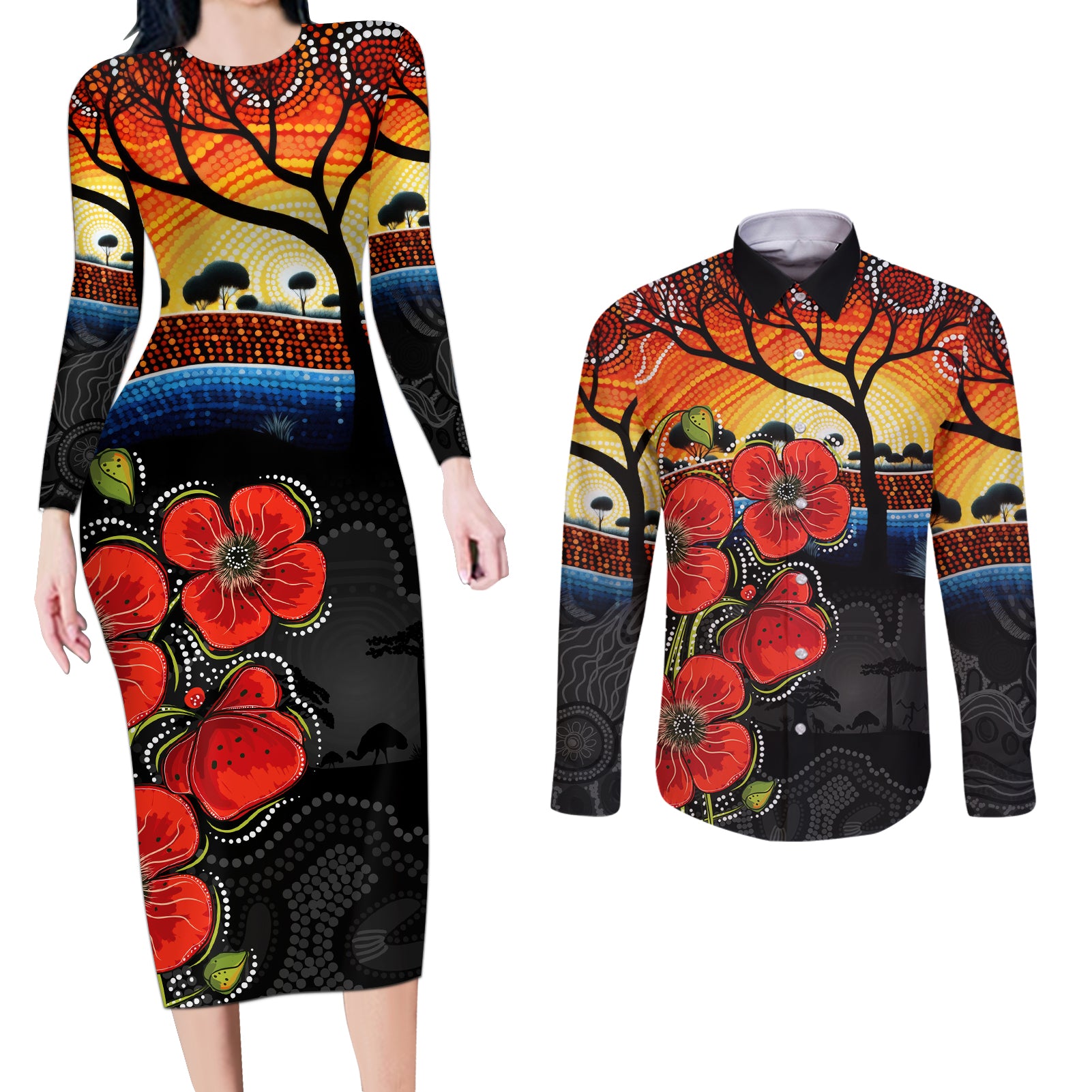 ANZAC Day Australia Poppy Flower Couples Matching Long Sleeve Bodycon Dress and Long Sleeve Button Shirt Aboriginal Style